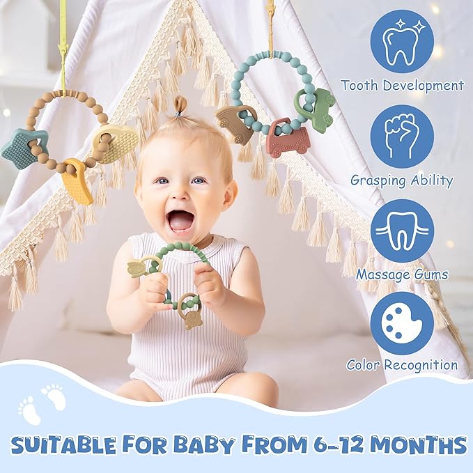 Silicone Babies Teether Toys - 3Pcs Teething Ring with Rattles, Animal Car Themed Infant Toddle Sensory Chew Toys for Newborn Boys and Girls to Soothe Sore Gums Teething Relief, Baby Shower