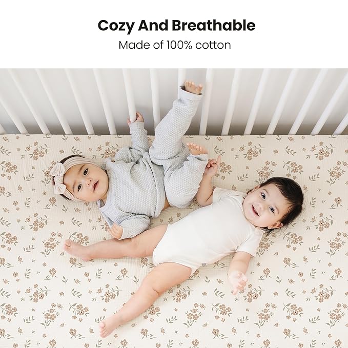 Konssy Muslin Crib Sheets for Girl Boy, 2 PCS Soft and Breathable Cotton Baby Sheets for Standard Crib Mattress, 52"x 28" (Blossom, Cream)
