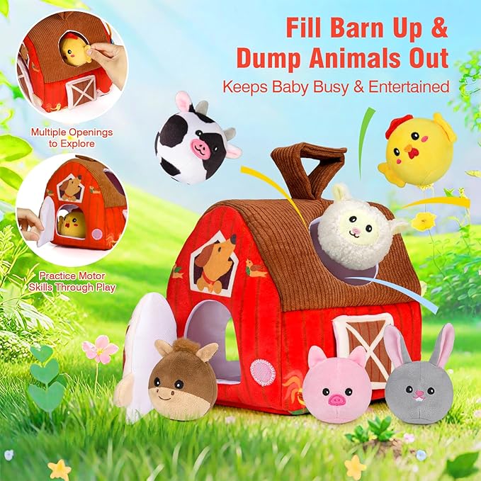 Baby Toys 6-12 Months: Plush Surprise Barn with Stuffed Farm Animals, Rattle, Crinkle Paper, Mirror, Busy Montessori Toys for Babies, Infant, Newborn, Sensory Toys for Toddlers 1-3