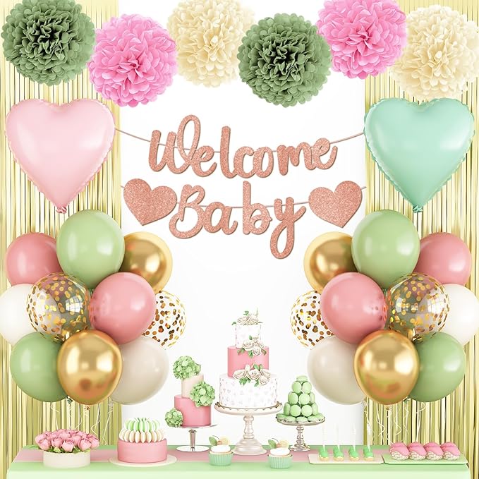 Dusty Pink Green Gold Baby Shower Decorations,Welcome Baby Banner with Sand White Sage Green Balloons Fringe Curtains Paper Pom Poms Flowers Tassels for Boho Baby Shower Gender Reveal Party Supplies