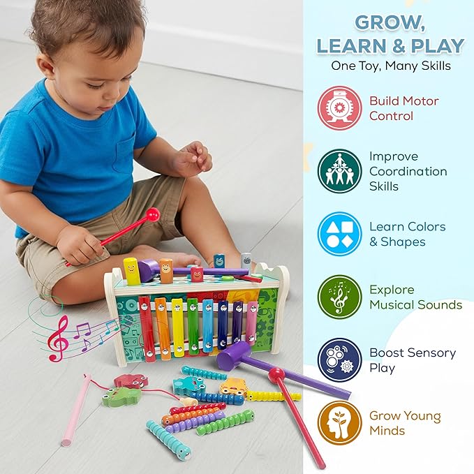 Montessori Wooden Hammering Toy β 6-in-1 Xylophone, Pound Bench, Shape Sorter & Learning Tool for Toddlers | Educational Musical Toy for Boys & Girls Ages 1β5 | Develops Motor Skills & Sensory Play