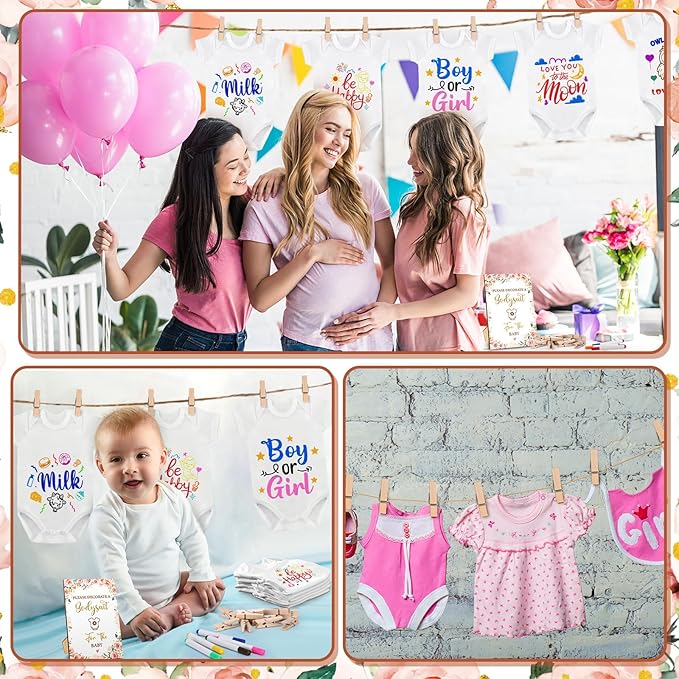 Panitay 126 Pcs Baby Shower DIY Bodysuit Set Rustic Kraft Baby Shower Game Sign DIY Bib 25 Blank White Newborn Bodysuit 25 Stencils 24 Marker 1 Sign 50 Pins for Gender Reveal(Floral)