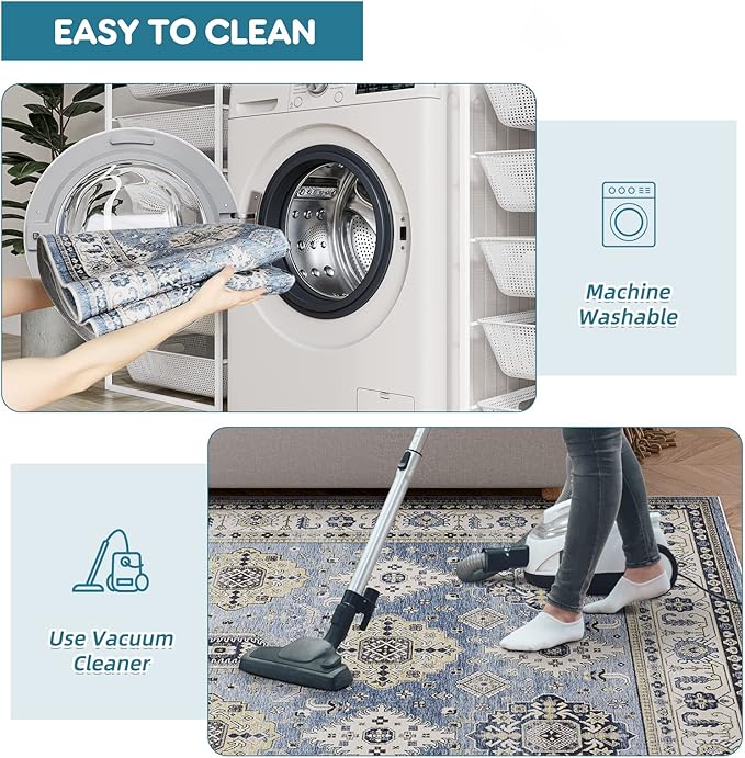 Dripex Hallway Runner Rug 2x10, Washable Rug Kitchen Rug Non Slip with Rubber Backing Soft Thin Vintage Carpet Runner for Entryway Bedroom Bathroom Laundry Room Living Room Decor, Blue Cream Multi