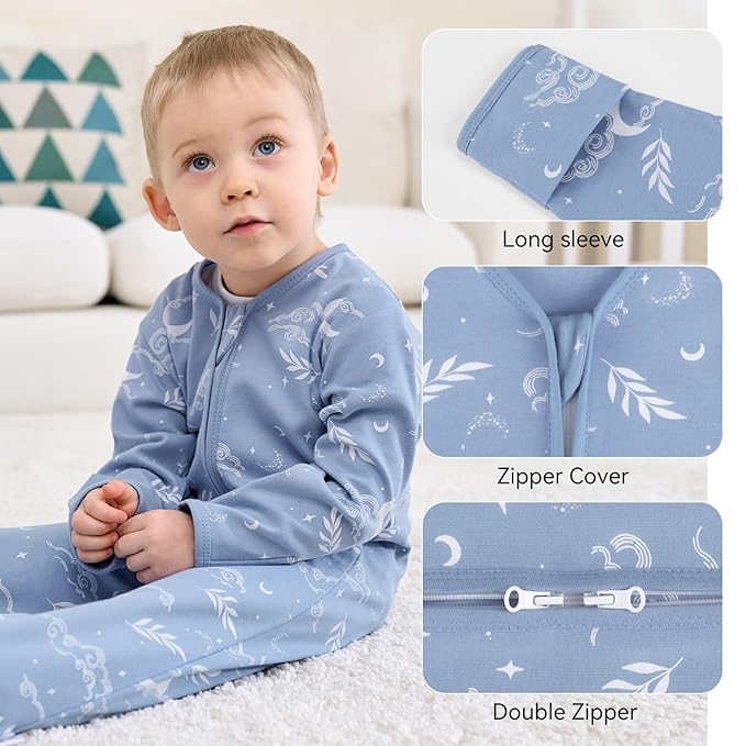 Baby Sleep Sack 6-12 Months, Long Sleeve Baby Wearable Blanket 0.5 Tog with Mittens, 2-Way Zipper Infant Cotton Sleeping Sack for Boy and Girl Blue Stars 2 Pack (Medium)