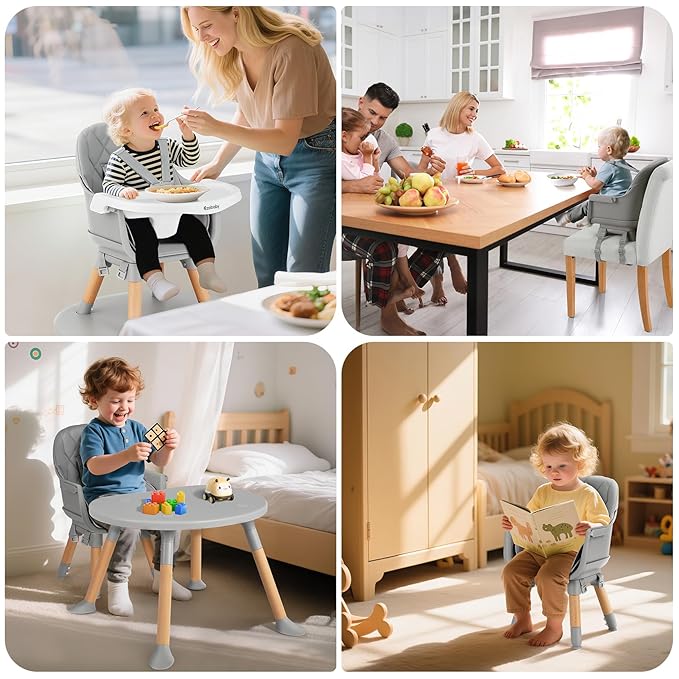 Ezebaby Baby High Chair, 8 in 1 Convertible High Chairs to Booster Seat/Toddler Chair/Table and Chair Set, Baby Feeding Chair with Adjustable Tray & PU Cushion(Grey)
