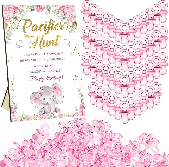 Thyle 51 Pcs Pacifier Hunt Baby Shower Games Include Hunt Sign and 50 Acrylic Pacifiers for Baby Shower Game Decoration Gift Sets Gender Reveal Party Decor(Pink Elephant)