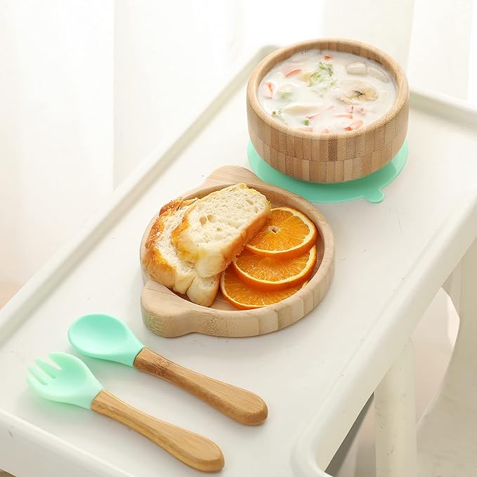 Baby Bowls with Lid,HBM Bamboo Suction Bowls for Baby and Spoon Set,3PC Feeding Supplies Set for Infant, Toddlers,Detachable Silicone Suction Stay Put Base for Wooden Bowl (Mint)