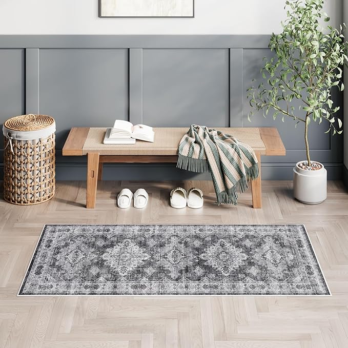 Dripex Vintage Washable Area Rug - 2x4 Indoor Door Mat Oriental Medallion Accent Throw Rug Distressed Foldable Non-Slip Low-Pile Bathroom Kitchen Rug for Entryway Laundry Room Living Room Bedroom