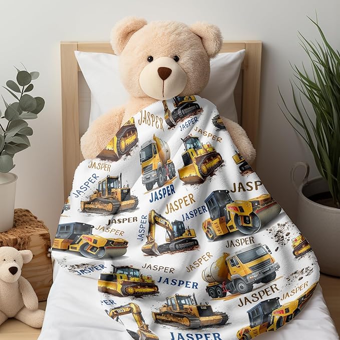 Ship Next Day, Personalized Truck Blanket - Printed in USA, Custom Name Blankets for Kids with Engineering Vehicle, Home Bedding Bed Decor, Fun Birthday Gift for Boys&Girls Women Man