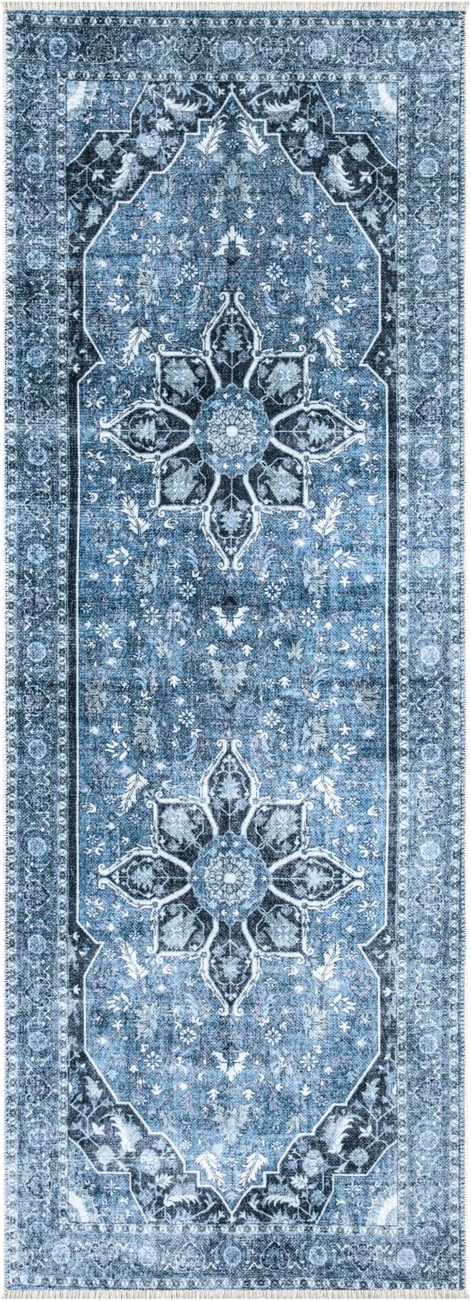 Bloom Rugs Caria Washable Non-Slip 10 ft Runner - Blue/Charcoal Traditional Runner for Entryway, Hallway, Bathroom, and Kitchen - Exact Size: 2'6" x 10'