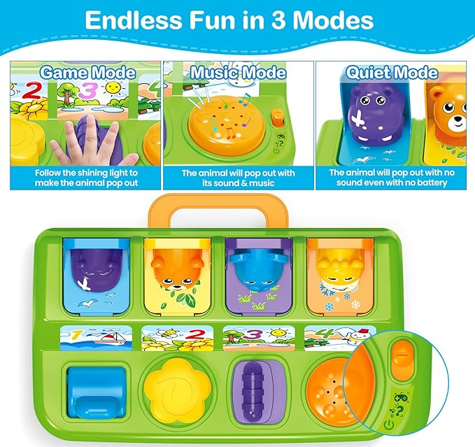 Musical Pop-Up Cause and Effect Toys with Light & Music for 1-3 Year Olds, Baby Interactive Toy with Animal Sounds, Ideal Gifts for Babies Boys Girls