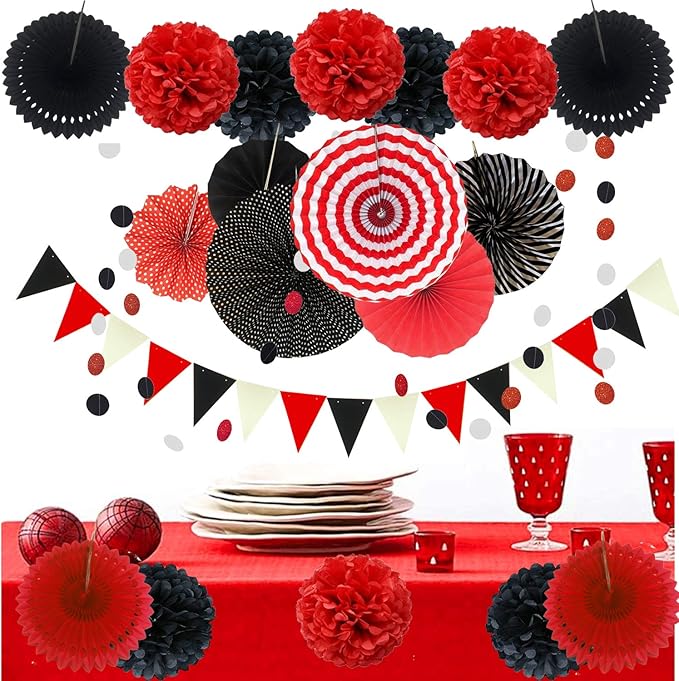 ZERODECO Party Decoration, 21 Pcs Black and Red Hanging Paper Fans Pom Poms Flowers, Garlands String Polka Dot and Triangle Bunting Flags for Minnie Mouse Birthday Parties Baby Showers Wedding