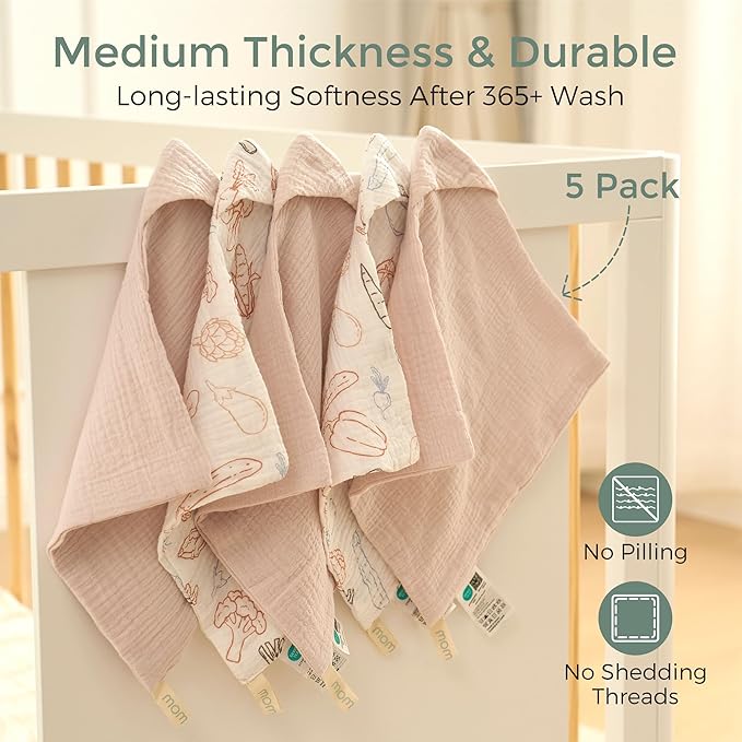 Momcozy Soft & Absorbent Baby Washcloths - 4 Layer Design| Medium Thickness| Premium Cotton for Newborns' Skin-Great for Bathing, Wiping & on-The-go Use, Shower Gift and Essential(5 Pack, 10x10 inch)