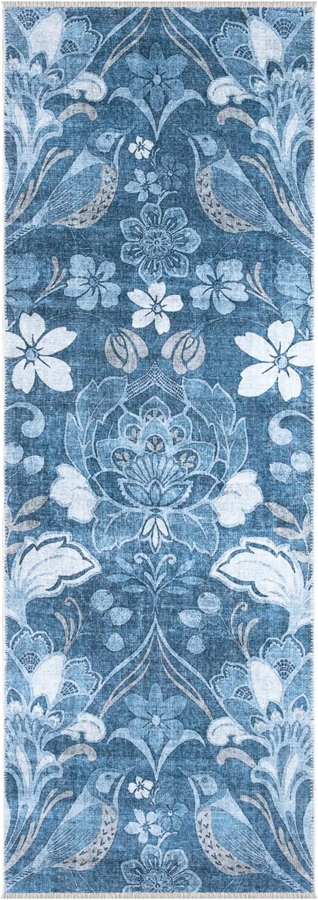 Bloom Rugs Caria Washable Non-Slip 10 ft Runner - Blue/Ivory Floral Runner for Entryway, Hallway, Bathroom, and Kitchen - Exact Size: 2'6" x 10'