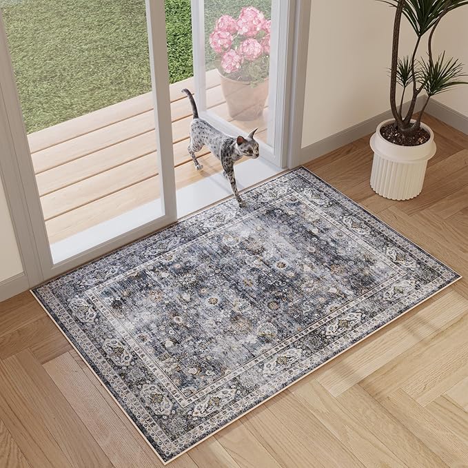 2x3 Rug Washable Boho Rug Soft Small Area Rug Non-Slip Non-Shedding Faux Wool Vintage Rug for Door Mat, Kitchen, Floor, Entryway, Powder Room (Grey and Brown)