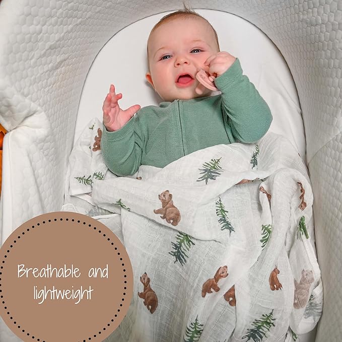 LollyBanks Swaddle Blanket, 100% Cotton Muslin Swaddle Blankets for Boys and Girls, Large 47 x 47 Inches Newborn Swaddle Receiving Blanket, Breathable Baby Blanket, Registry (Baby Bear Cub Theme)