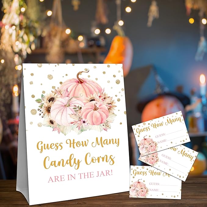 Thanksgiving How Many Candy Corns Are In The Jar - 1 Standing Sign & 50 Guessing Cards - Autumn Pumpkin Party Game & Decoration For Boys, Girls, Adults - Baby Shower, Birthday Game Set - A02