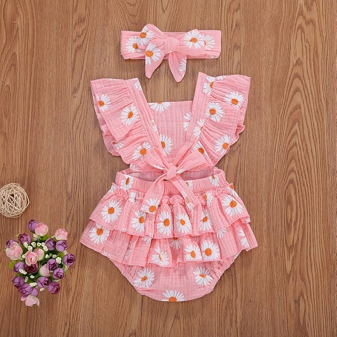 Baby Girls Floral Cotton Leotard Romper Newborn Daisy Playsuits Ruffled Sleeve Onesie Infant Jumpsuit Clothes Headband