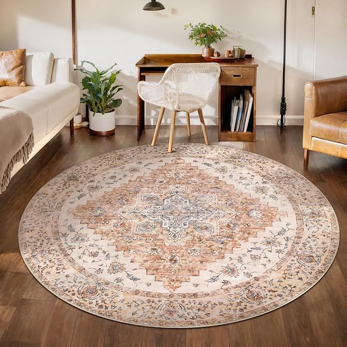 Ciicool Boho Area Rug Washable 6x6ft Round Bedroom Rug Non-Slip Oriental Throw Rug Low-Pile Floor Carpet for Dining Room Living Room(Vintage Cream/Brick)