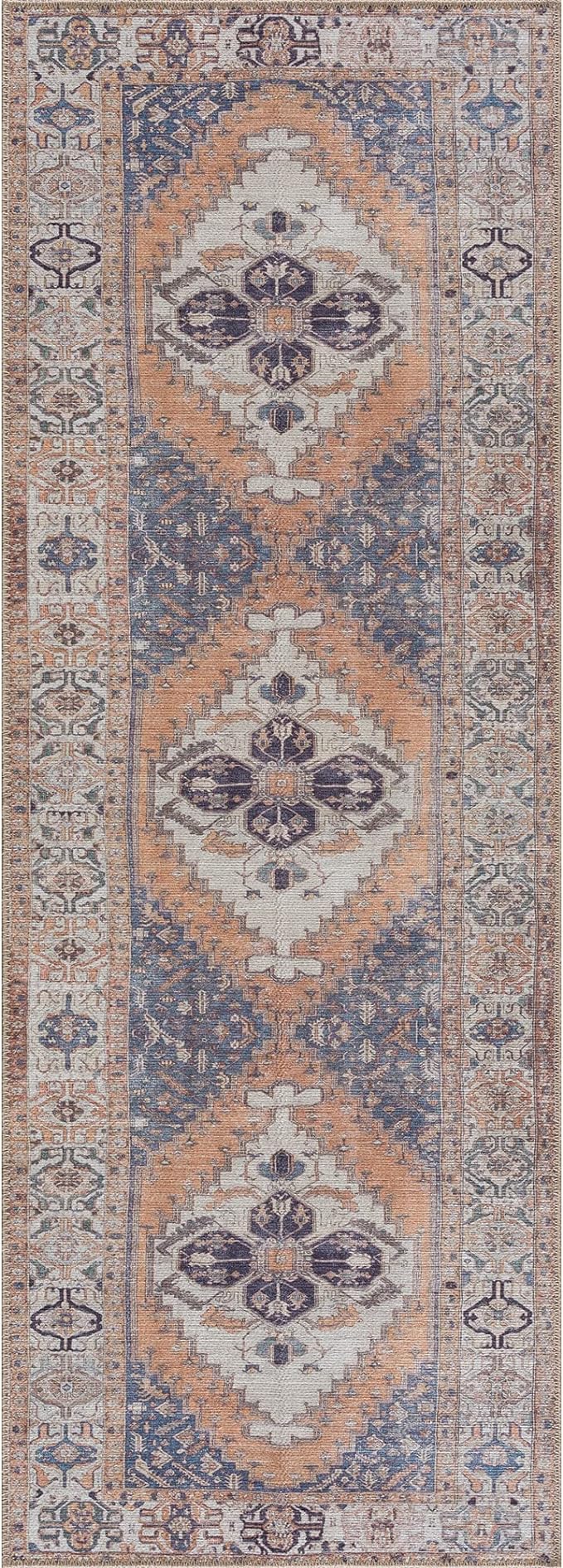 Bloom Rugs Washable 7 ft Runner - Orange/Blue/Beige Traditional Runner for Entryway, Hallway, Bathroom, and Kitchen - Exact Size: 2.5' x 7'