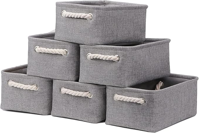 HNZIGE Small Baskets for Shelves(6pack) Fabric Storage Baskets, Empty Gift Baskets with Rope Handles, Decorative Foldable Storage Baskets for Organizing Home Closet Office (Gray, 11.8" x 7.8" x 5.1")