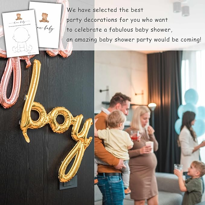 Draw Baby Games Set, Minimalism Baby Shower Party Game Card, Boho Bear Themed Gender Neutral Party Ideas Activities, Baby Shower Party Supplies & Decorations -A06