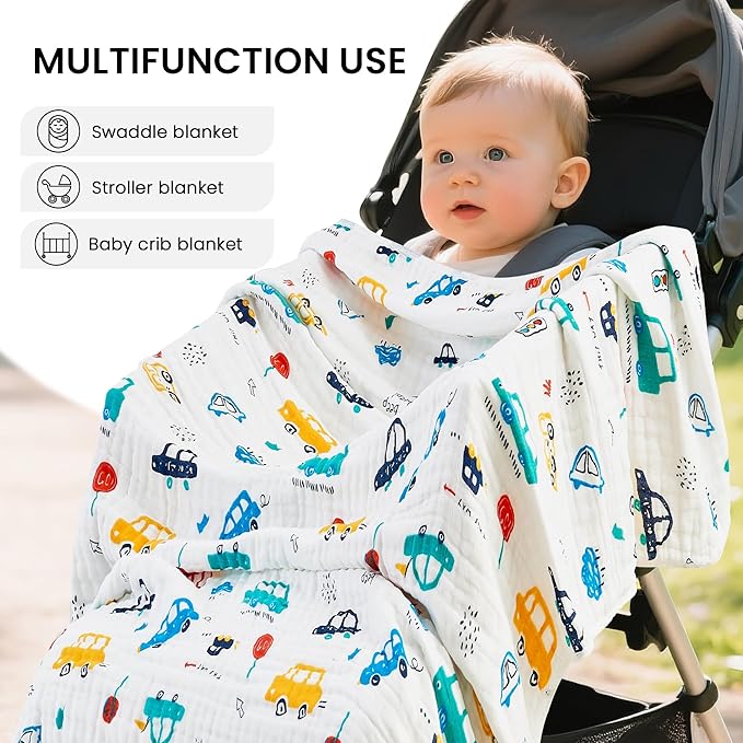 Luxury Muslin Baby Blanket, Cozy Swaddle, 6-Layer Cotton Receiving Blanket for Newborn Infant, 59x43 Inch Lightweight Breathable Crib Blanket, Nursery Stroller Toddler Quilt, Car Family
