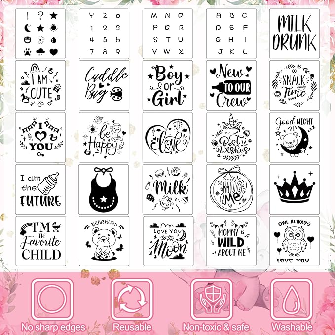 Panitay 126 Pcs Baby Shower DIY Bodysuit Set Rustic Kraft Baby Shower Game Sign DIY Bib 25 Blank White Newborn Bodysuit 25 Stencils 24 Marker 1 Sign 50 Pins for Gender Reveal(Pink Elephant)