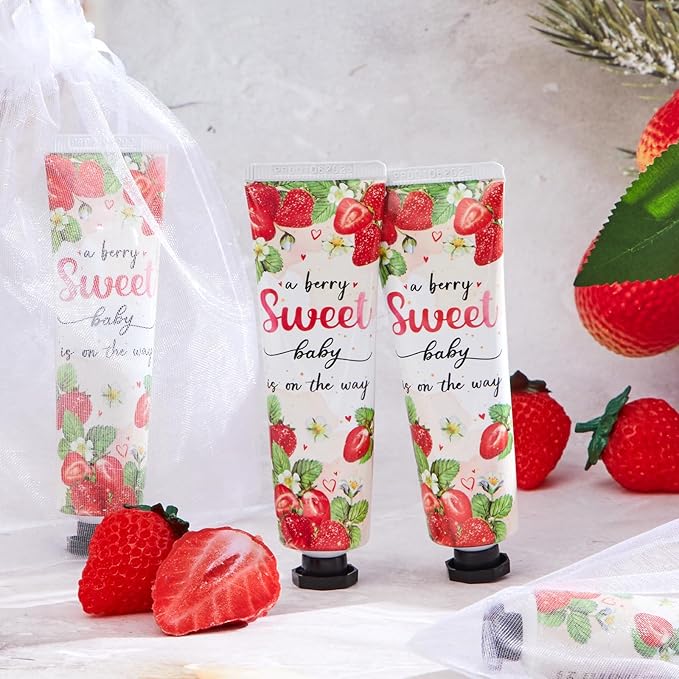 48 Sets Baby Shower Hand Cream Bulk Sweet Strawberry Baby Shower Favors Bridal Thank You Hand Cream for Guests Travel Size Lotion with Organza Bags