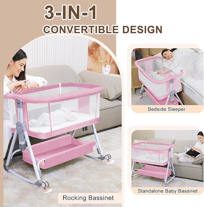 Baby Bassinet with Musical Toy,3 in 1 Baby Bassinets Bedside Sleeper,All Mesh Bedside Bassinet with Storage Basket and Wheels,7 Height Adjustable Bedside Crib for 0-6 Months Baby (Pink)