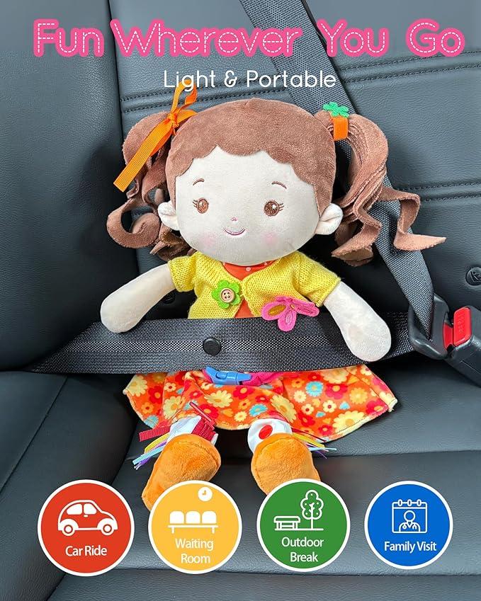 Learning Sensory Doll for Toddlers, Montessori Toys for 2-Year-Old Girls Christmas, Birthday Gifts, Plush Doll with Zipper, Shoelace, Button-Busy Flora Girl