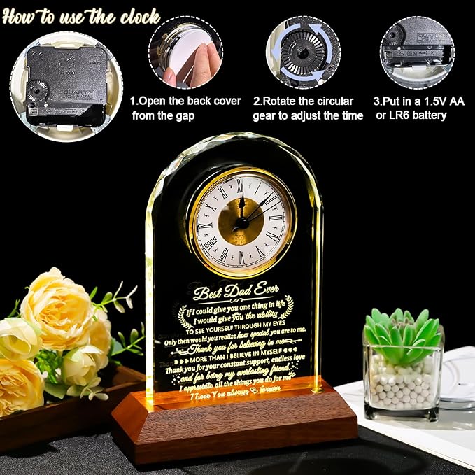 Glass Clock Gifts for Dad From Son Daughter with Wooden Light Base, Personalized I Love You Gift for Dad Who Has Everything on Birthday Father's Day, Presents for Daddy on Christmas Home Desk Clock
