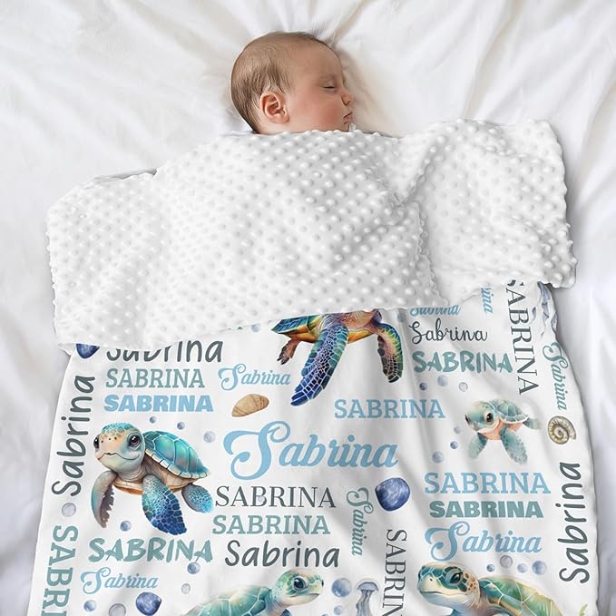 Personalized Baby Blanket for Boys Girls Turtle Custom Baby Blankets with Name Dotted Backing Customized Gifts for New Mom Customize Baby Blanket for Kids Newborn Birthday Blue