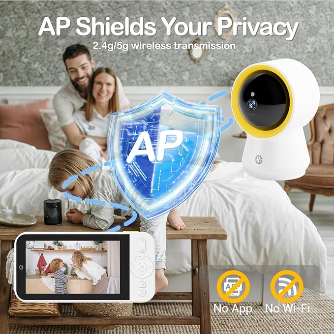Ellie Baby Monitor No WiFi, Baby Monitor with Camera and Audio, 5" IPS 1080P with Wall Mount, 6000mAh Battery, 1000ft Range, Smart Monitoring 24hrs Playback, AI Cry Detection & Sleep Tracking
