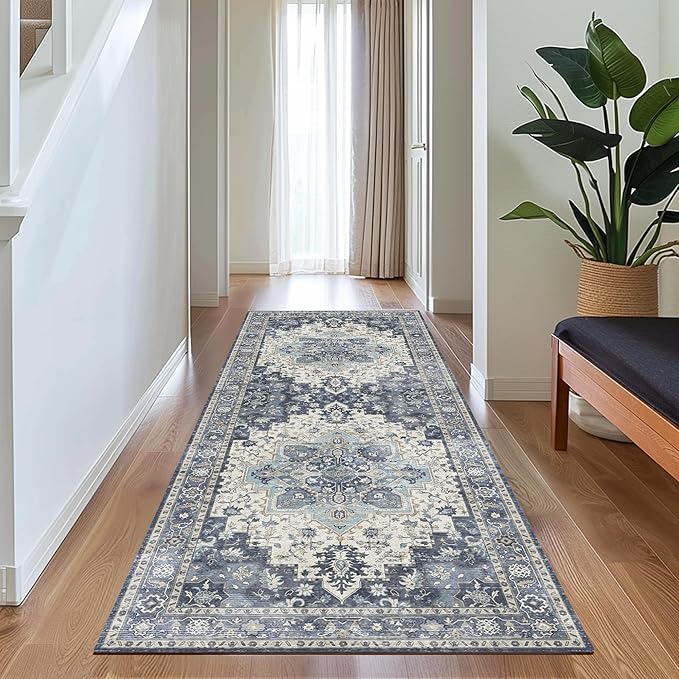 GENIMO 2x7 Runner Rugs for Hallway, Machine Washable Non Slip Vintage Rugs, Low Pile Lightweight Soft Print Rug for enrtyway, Corridor, Home Office, Kitchen, Center Blue
