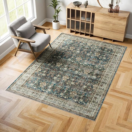 Dripex Vintage Washable Area Rug - 5x8 Distressed Rugs for Living Room Bedroom Oriental Medallion Floral Print Carpet Low-Pile Indoor Soft Non-Slip Accent Rug Farmhouse Office Home Decor