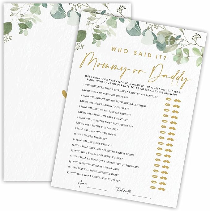 Guess Who Said It? Mommy Or Daddy Baby Shower Game Cards - Golden Greenery - 30 Double-Sided Fill In Style Game Cards For Gender Reveal, Baby Announcement, Party Games & Activity - D04