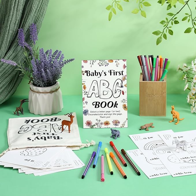 Geelin 51 Pcs Fun Baby Shower Game Activities First Abc Book Sign Coloring Game Card 26 Alphabet a to Z Coloring Card with 24 Watercolor Pen Storage Bag for Baby Shower Party(Wildflowers)