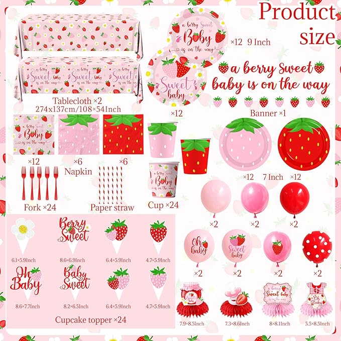 Strawberry Baby Shower Decorations for Girls, 190Pcs A Berry Sweet Baby is on the Way Party Supplies with Plates, Napkins, Cups, Banner, Tablecloth, Balloons, Cake Toppers, Honeycombs Serve 24