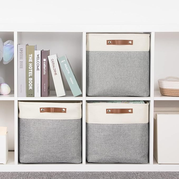 HNZIGE Storage Foldable Storage Baskets Cubes Set(3 Pack) Fabric Bins for Shelves,13 Inch Storage Basket for Organizing with Leather Handles for Home, Toys, Clothes,Closet Storage(White&Gray)