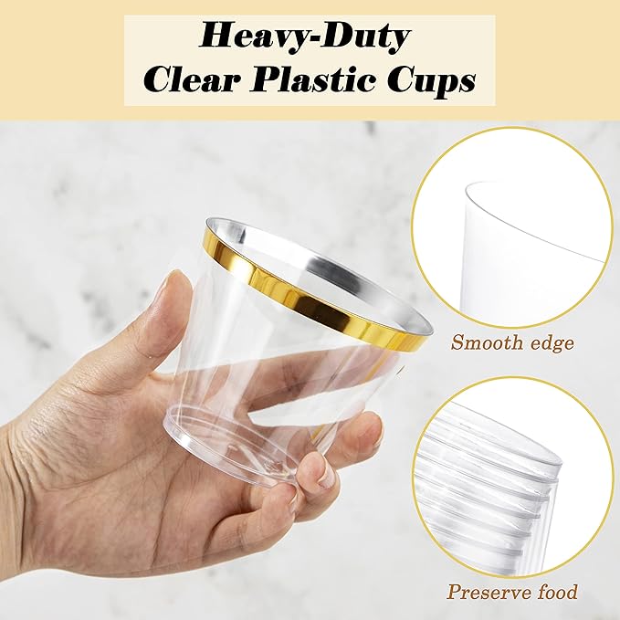 WDF 200 Pack Gold Plastic Cups - 9 Oz Elegant Clear Plastic Cups Gold Rimmed - Fancy Disposable Party Cup Wedding Cup Drinking Tumblers Cocktail Glasses