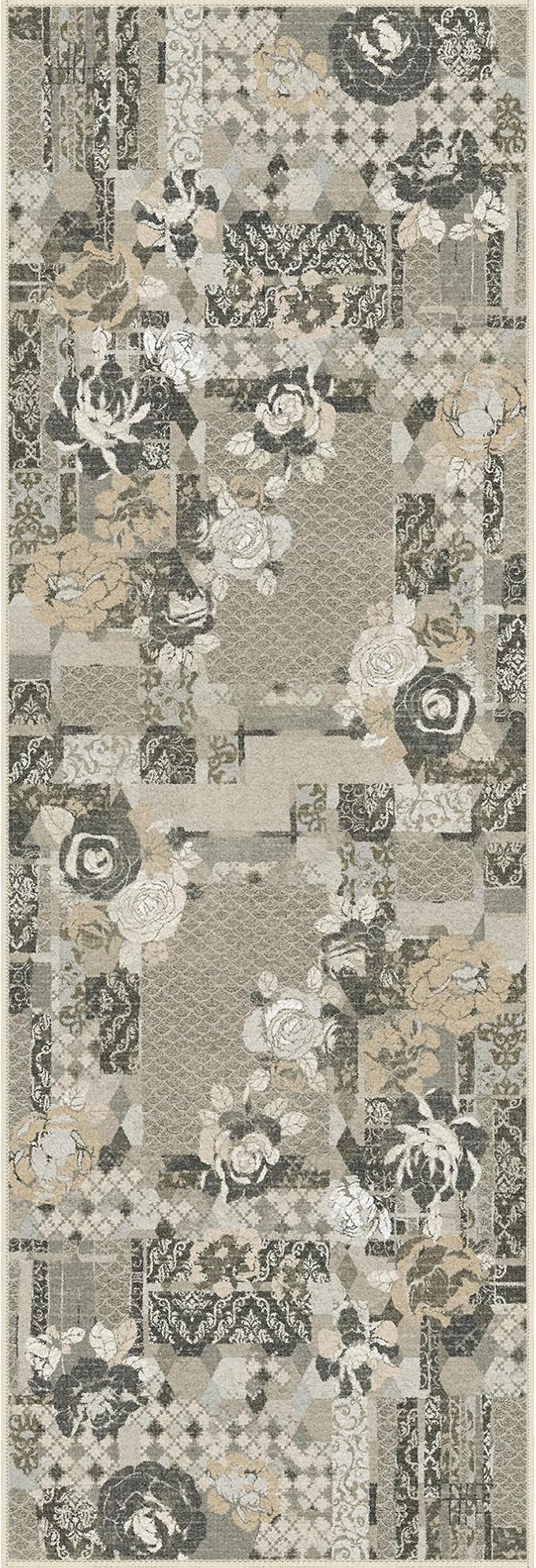 GENIMO Floral Runner Rug 2X6, Machine Washable Non Slip Vintage Patchwork Hallway Runner, Ultra-Thin Low Pile Runners for Indoor Entryway, Hallway, Kitchen and Corridor, Taupe Gray