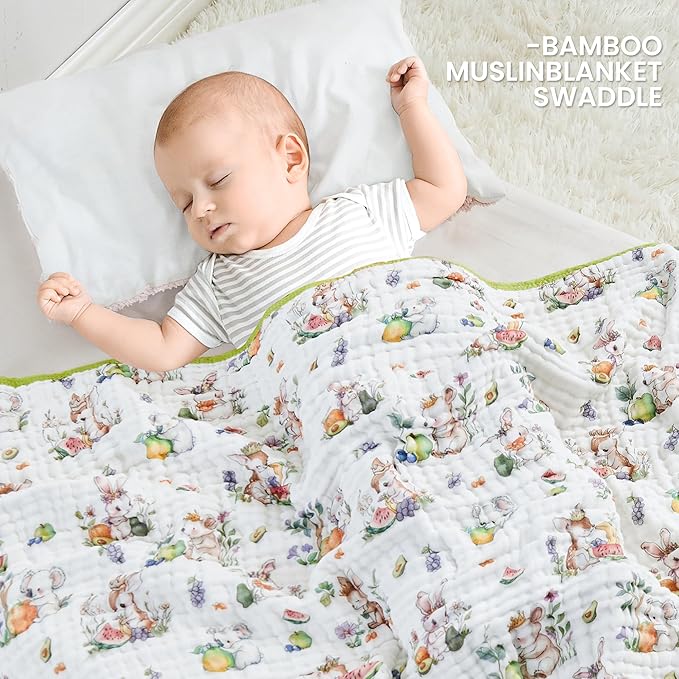 Luxury Muslin Baby Blanket, Soft Swaddle, 6-Layer Cotton Receiving Blanket for Newborn Infant, 43x43 Inch Lightweight Breathable Crib Blanket, Nursery Stroller Toddler Quilt, Animal Print