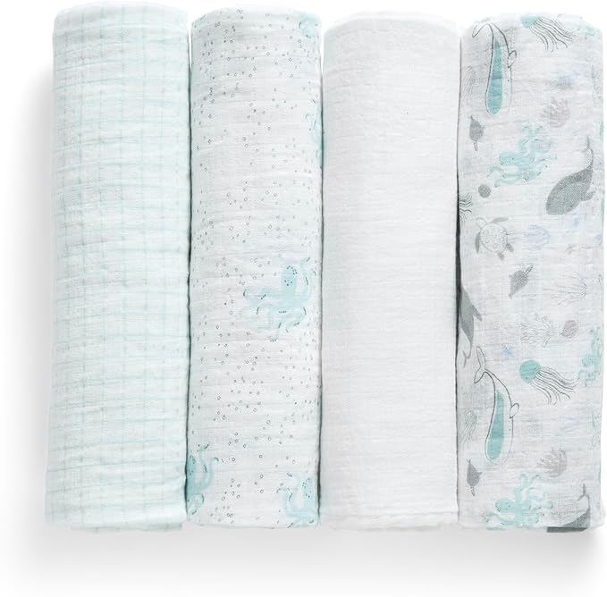 Delta Children 100% Cotton Muslin Baby Receiving Blankets for Girls and Boys – 47x47 Inches (Pack of 4), Sea Life