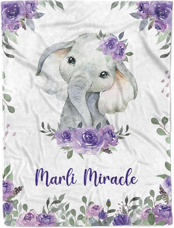 Arteaga Personalized Baby Blanket for Girls - Customized Purple Elephant Design - Super Soft Plush Fleece, 30''x40'' for Newborn, New Mom
