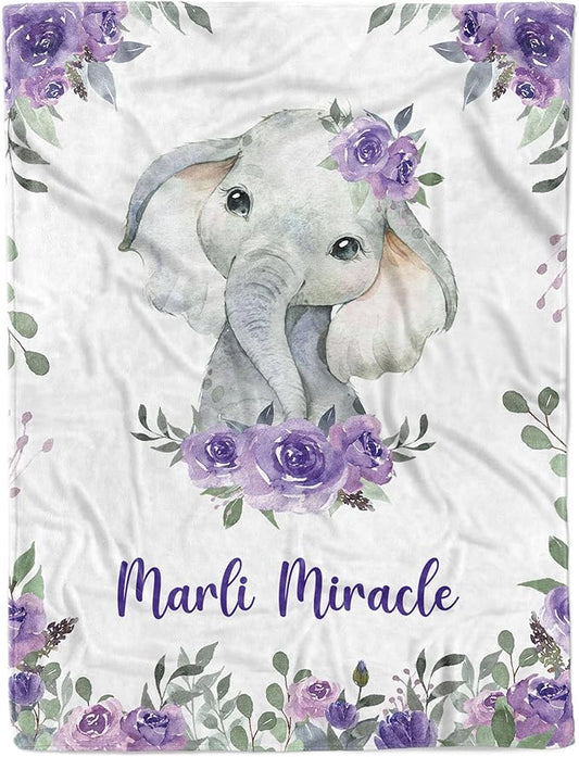 Arteaga Personalized Baby Blanket for Girls - Customized Purple Elephant Design - Super Soft Plush Fleece, 30''x40'' for Newborn, New Mom