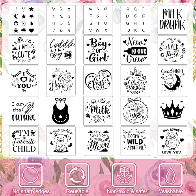 Panitay 126 Pcs Baby Shower DIY Bodysuit Set Rustic Kraft Baby Shower Game Sign DIY Bib 25 Blank White Newborn Bodysuit 25 Stencils 24 Marker 1 Sign 50 Pins for Gender Reveal(Butterfly)
