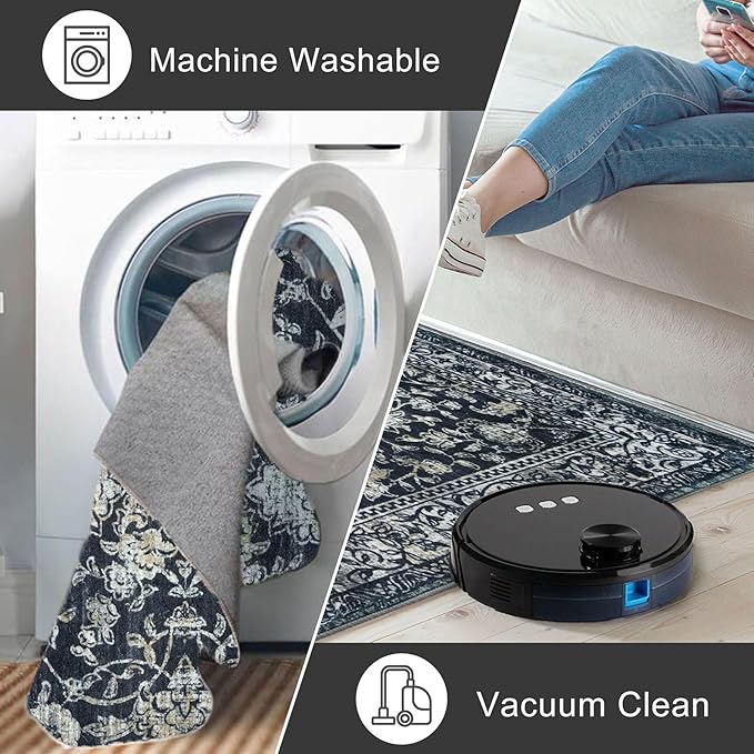 KILOCOCO Moroccan Small Area Rug 2x3 Entryway Rugs Printed Vintage Floral Washable Rug Non-Slip Kitchen Rug Indoor Door Mat, Accent Throw Small Rugs for Laundry Room Bedroom Entrance, Navy/Charcoal