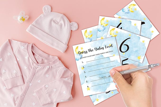 Baby Shower Game Set, Find The Baby Food Party Games(1 Standing Sign + 20 Answer Cards + 6 Number Cards), Moon and Stars Shower Games, Sleepover Gender Reveal Party Favor(A06)