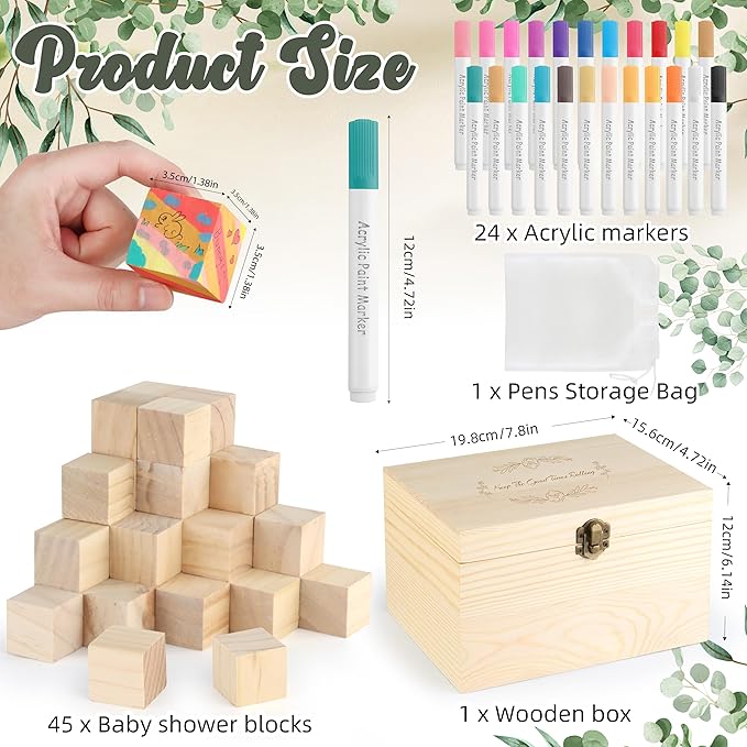 72PCS Baby Shower Games Kit with Blank Wooden Blocks, Acrylic Paint Marker, Wooden Box and Sign, Blocks Suitable for Baby Shower, Gender Reveals Party, Birthday